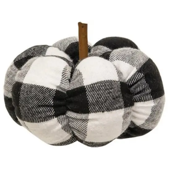 Buffalo Check Stuffed Pumpkin in Black and White with Natural Wood Stem Seasonal Accent Fall Home Decor {4}