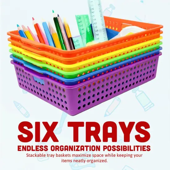 6 Pack Colorful Plastic Classroom Storage Bins 13.75" X 10.25" for Organizing A4 Papers Trays, Pencils, Arts and Crafts Supplies, Rainbow Containers for Kids School Supplies by 4E's Novelty {3}