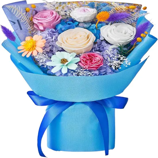 Flowers Bouquet (Pink Champagne White Roses, Blue Paper) {1}