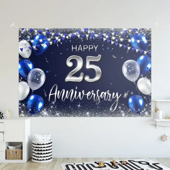 Happy 25th Anniversary Backdrop Banner Decor Navy Blue {2}