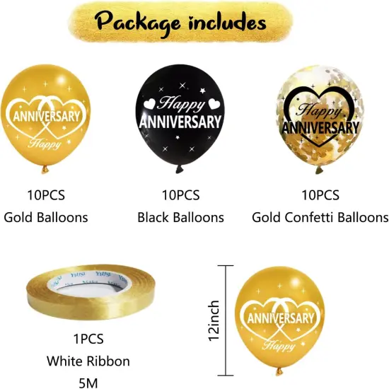 30Pcs Happy Anniversary Balloons Decorations Kit, 12 Inch Black Gold {2}