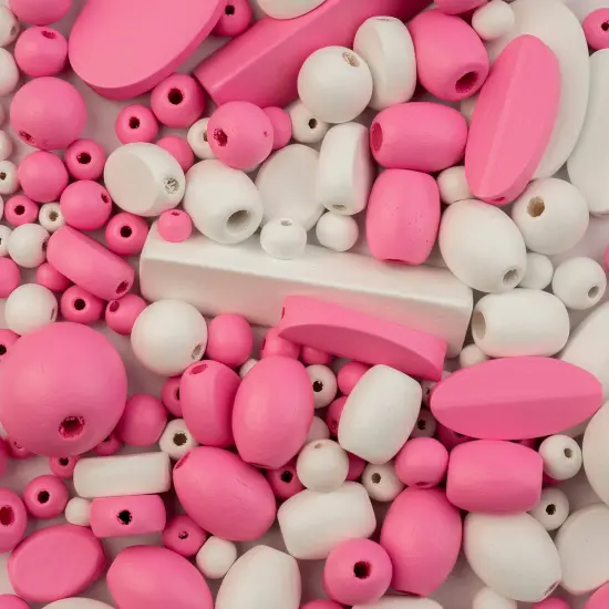 John Bead Craft Wood Beads with Elastic Nylon Cord, 90g Pink and White {4}