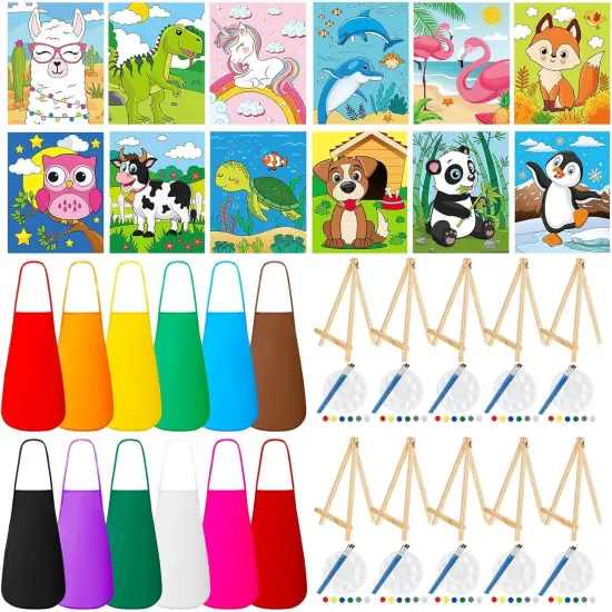 84-Pc Kids Paint Set with 12 Pre-Drawn Animal Canvases, Brushes, Paints & Apron (5 x 7 Inches) {1}
