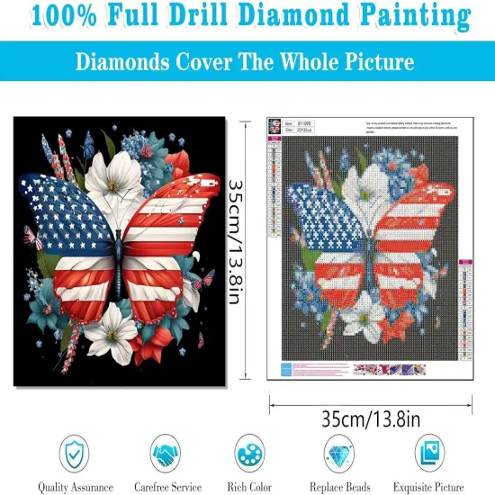 Patriotic Diamond Art Kit for Adults Independence Day Butterfly Diamond Painting Kits for Adult Beginners Full Drill Round 4th of July Diamond Art Painting Kits for Home Wall Decor 13.8x13.8in {3}