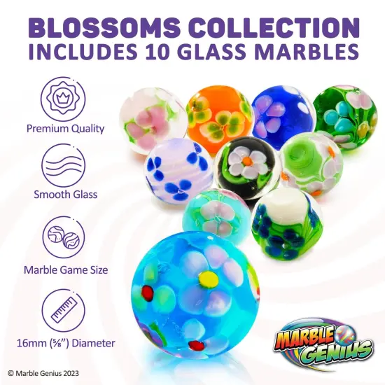Marble Genius Collectors Marbles, Blossoms, 16mm (⅝ Inch), 10 Handmade Glass Marbles, Gifts for Marble Lovers, Gifts for Kids Ages 3-14 {3}