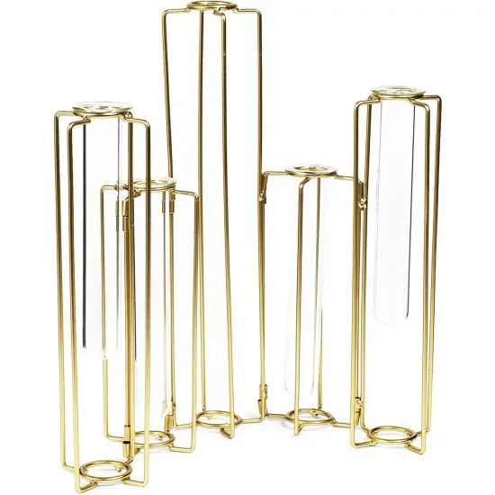 6-Pack Metal Hinged Plant Stand Set with Glass Test Tube Vases (Gold) {3}