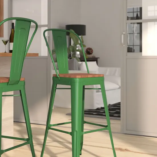 Merrick Lane Dothan Metal Dining Stool with Curved Slatted Back and Textured Wood Seat Green {3}