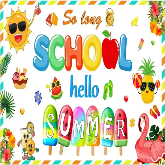So Long School Hello Summer Backdrop Banner Colorful Sun Popsicle Party Decorations for Summer Vacation End of School Year Graduation Photography Background for Hawaii Pool Party Supplies {1}