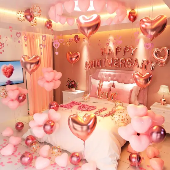Anniversary Decorations &ndash; Pink Banner, Heart Balloons, Hanging Hearts & Rose Petals {1}