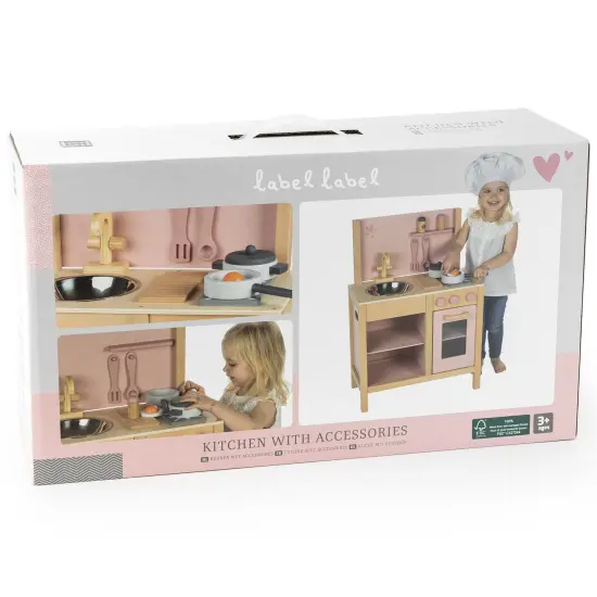 Label Label: Wooden Kitchen Play Set - Pink - Standing Appliance Toy, Cooking & Food Accessories, Storage-Oven-Sink, Pretend Play Station, Kids Age 3+ {3}