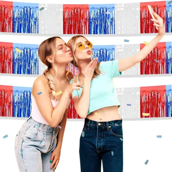 4P Metallic Foil Fringe Banner Tinsel Table Skirts for Rectangle Tables Backdrop Banner Garland Curtains for Parade Floats Wedding Graduation Anniversary Birthday Parties Decoration(White Blue Red) {5}