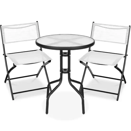 Best Choice Products 3-Piece Patio Bistro Dining Furniture Set w/ Round Textured Glass Tabletop, Folding Chairs White {1}