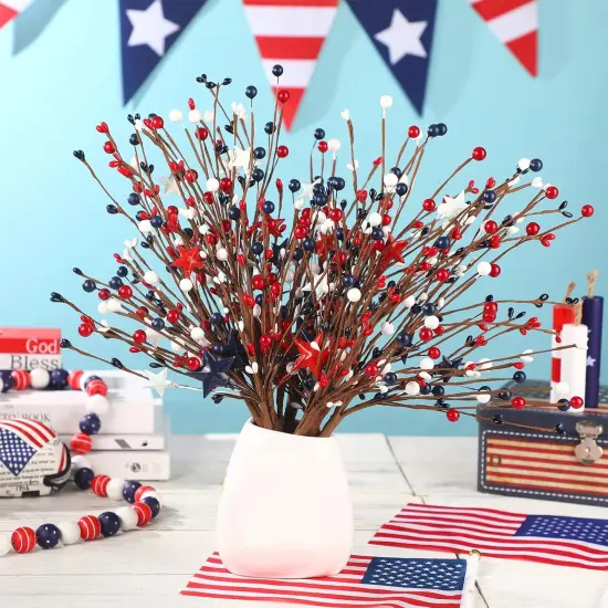 12 Pcs 4th of July Decorations Patriotic Artificial Berry Stem Picks 15.75 Inch Independence Day Decor with White Blue Red Stars Pentagram Faux Berry Branches {5}