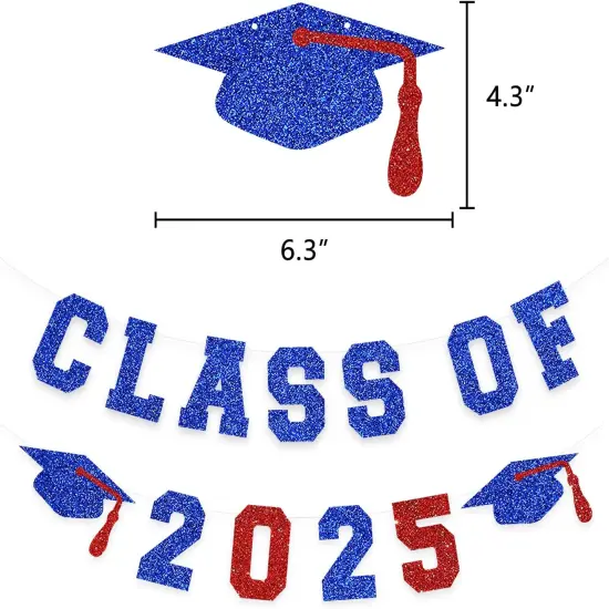 Blue Red Class Of 2025 Graduation Banner Pom Poms Flowers Paper Tassel Garland Decoration College Grad Party Supplies {2}