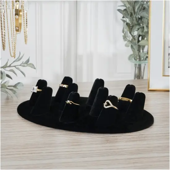 Plymor Black Velvet Ring Finger Display, Ten on Oval Base, 7.5" W x 4.5" D x 1" H {4}