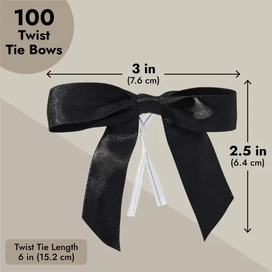100-Pack Twist Tie Bows - Black 3" Satin Ribbon Small Bows For Gift Wrapping Treats Party Favors Craft Decoration {3}