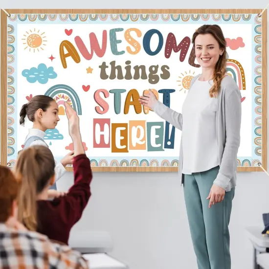 Back to School Classroom Decorations Boho Motivational Inspirational Quotes Backdrop Awesome Things Start Here Hanging Banner Photo Booth Props Background for School Hallway Home Wall Decor {4}