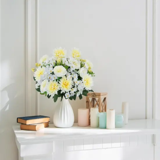 Summer Silk Hydrangea Artificial Flowers &ndash; 2 Bundles of White Faux Peonies & Daisy Flowers, Fake Outdoor Grave Flowers for Garden Decor, Wedding Centerpieces, Tabletop Decor, Home Vase Arrangements, Cemetery Decor {4}