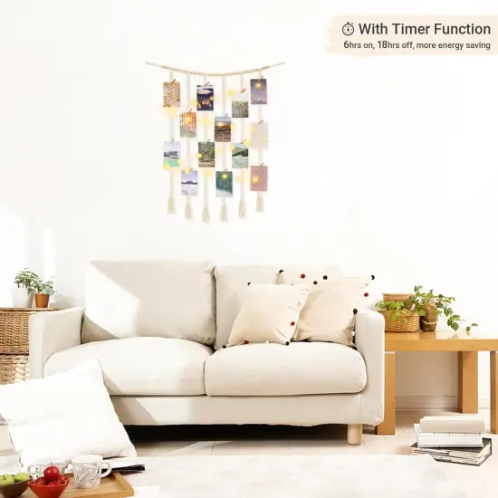 Macrame Hanging Photo Display Wall Decor with String Lights, 30 Clips for Bedroom {3}