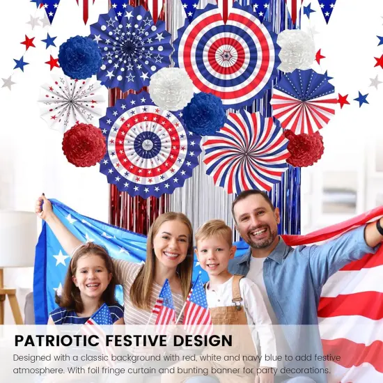 4th of July Decorations Patriotic Decor American Flag Red White Blue Paper Fans Independence Day Star Streamer, Foil Fringe Curtain, Pom Poms, USA Pennant Bunting Party Decor Supplies {4}