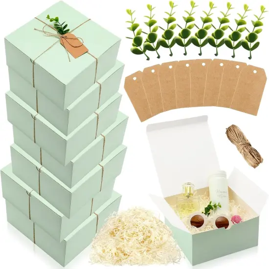 8 pack Gift Box Set 8 Bridesmaid Proposal Box 8 Wedding Gift Kraft Paper Tag 8 Eucalyptus 120g Leaves Paper Shred Filler 1 Rope for Mother's Day Birthday(Green, Ivory,8 x 8 x 4 Inch) {1}