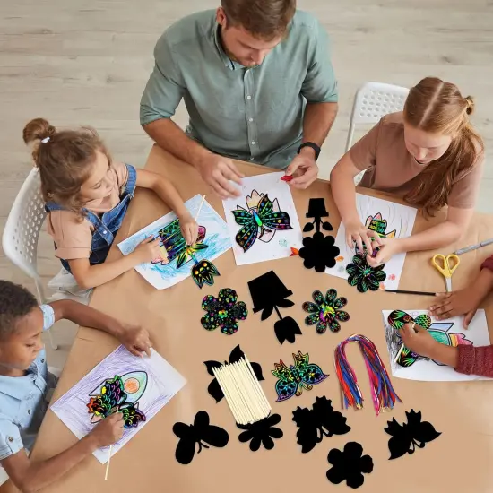 80 Pcs Spring Scratch Cards Rainbow Flower Butterfly Scratch Paper for Kids Rainbow Flower Crafts with Bamboo Stylus and Ribbon {5}