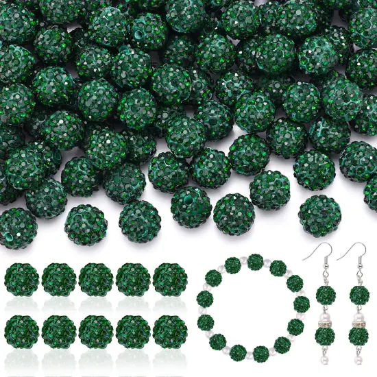105pcs 10mm Rhinestone Beads for Jewelry Making, Dark Green Shiny Round Disco Ball Beads Bulk, Sparkle Crystal Clay for Bracelet Baseball Necklace Earring Crafting and DIY {1}