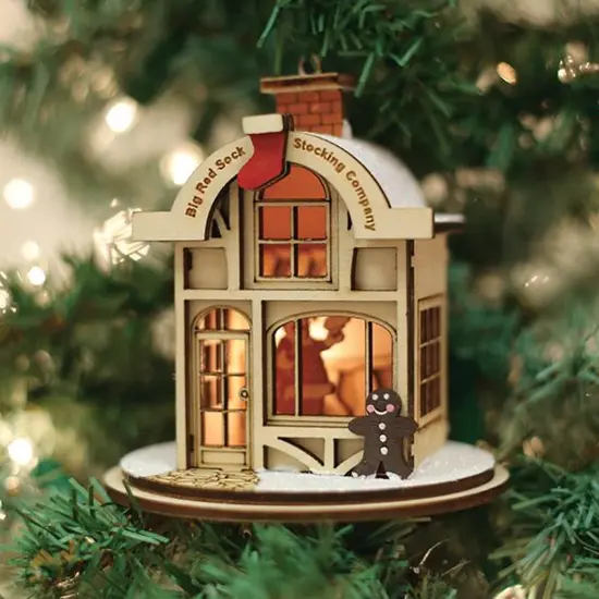 Ginger Cottages 3.5 Inch Big Red Sock Stocking Company Tree Ornament , Santa Building Beige {3}