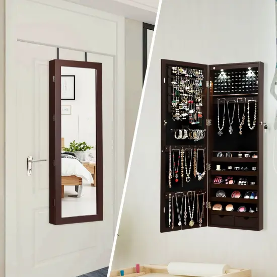 Costway Wall Mount Mirrored Jewelry Cabinet Organizer LED Lights {5}