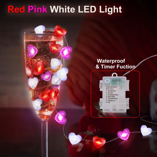 Valentines Day Decor 10FT 30 LED Valentine's Day Lights with Timer, Red Pink White Heart Lights String Battery Operated, 8 Modes Valentines Decorations Heart Fairy Lights Romantic Decor Home Bedroom {8}