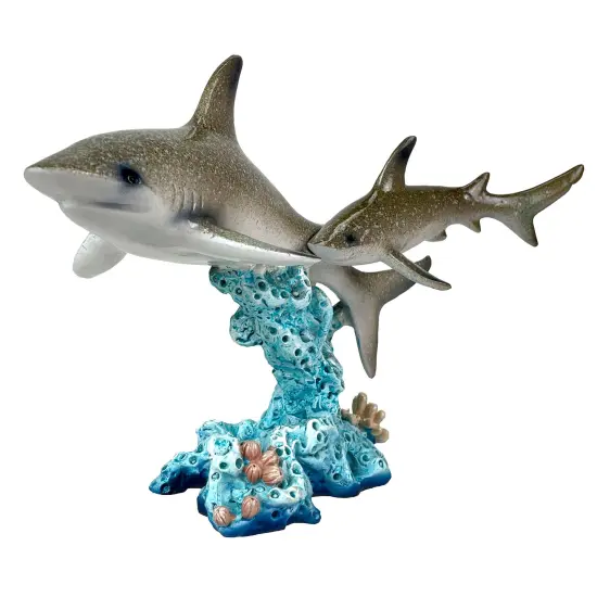Double Sharks on Coral Statue 10" Hand-Painted Ocean Marine Decor {3}