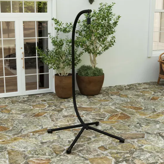 Merrick Lane Inger Heavy Duty All-Weather Hanging Hammock Chair C-Stand with Steel Offset Base and Hardware, 360 Degree Rotation Black {1}