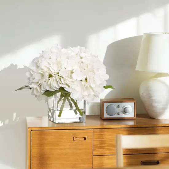 Luxury PU Fake Flowers in Vase with Faux Water, White Real Touch Hydrangea Artificial Flowers with Glass Vase {4}