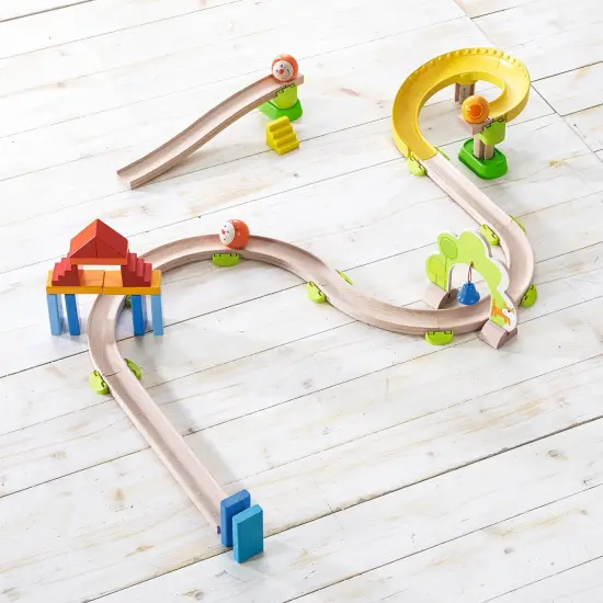 HABA Ball Run - Kullerbu Spiral Track, 26 Piece Wood & Plastic Marble Run Set with Wild Curves & Bell for Kids 2-8, STEM Toy Marble Maze Building Set Multicolor {7}