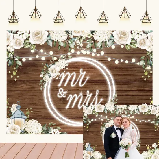 White Rose Wedding Backdrop for Reception Mr and Mrs Banner Bridal Shower Engaged Party Decorations Backdrop for Wedding Glitter Lights Floral Wooden Wedding Banner 7x5Ft {1}
