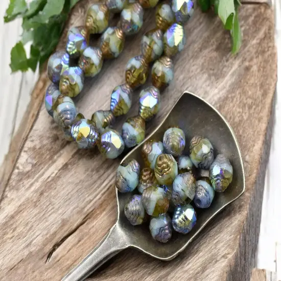 *15* 6x8mm Bronze Washed Blended Turquoise Topaz AB Oval Cathedral Beads {2}