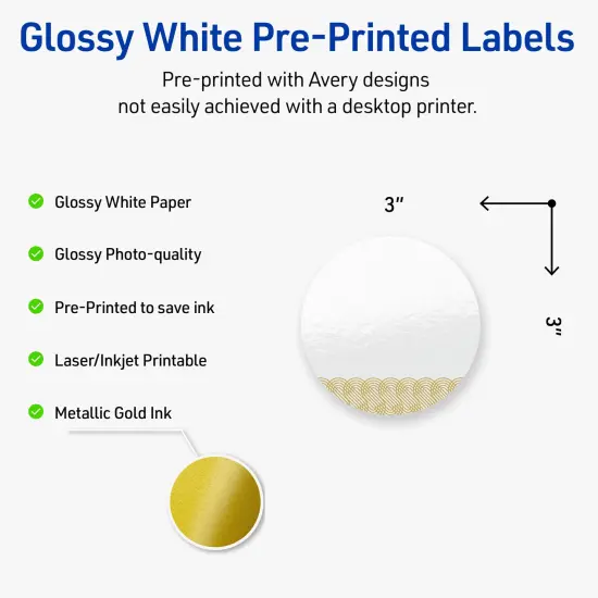 Avery Printable Round Labels with Sure Feed Technology, Pre-Printed Gold Lace Trim Pattern, Glossy White, 3" Diameter, Laser & Inkjet Compatible, 60 Total, Great for Branding, Marketing, and Events {2}