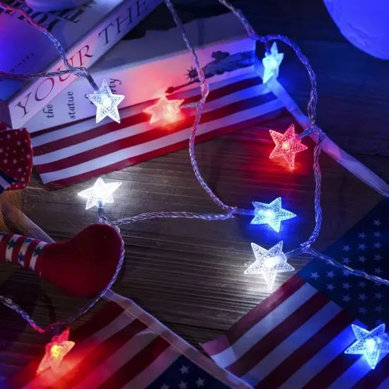 Red White Blue Solar Lights, 4th of July Decor Star String Lights 100LED Garden Solar Lights 51FT Waterproof 8 Modes for Outdoor Garden 4th of July Independence Day Memorial Day Decor {2}