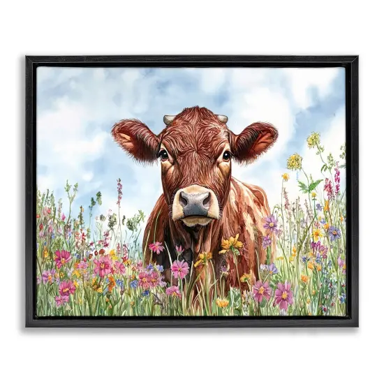 Stupell Industries Angus Cow in Field Of Flowers Floating Frame By Franklyn Gregory {1}