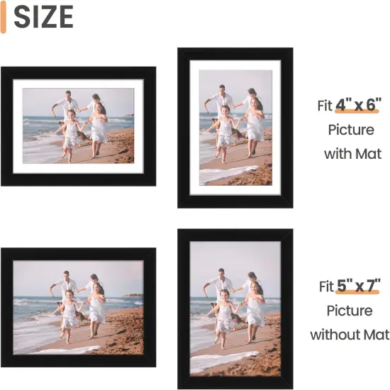 5x7 Picture Frame Set of 10, Display Pictures 4x6 with Mat or 5x7 Without, Multi Photo Frames Collage for Wall or Tabletop Display, Black {5}