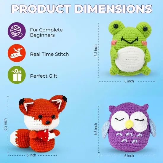 3 Pattern Animals-Owl, Fox, and Frog Crochet Kit {3}
