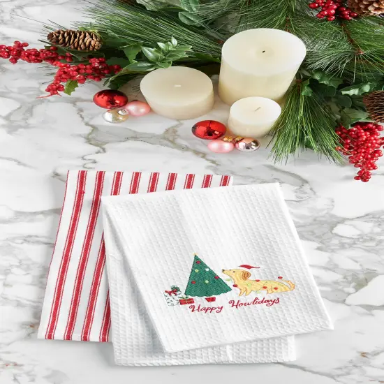 Christmas "Happy Howlidays" Dog with Christmas Tree Cotton Embroidered Waffle Weave Kitchen Dish Towel {3}