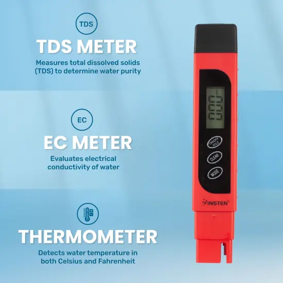 Insten - TDS Meter Digital Water Tester for Drinking Water, 3-in-1 TDS, 0-9999ppm, Temperature and EC Meter with Carrying Case, Red {3}