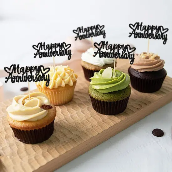 24 Pack Happy Anniversary Cupcake Toppers Black Glitter {4}