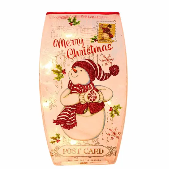 Stony Creek 7.75 In Vintage Postcard Med Vase Christmas Lighted Glass Accent , Christmas Decor Pre-Lit Electric Christmas SNOWMAN {1}