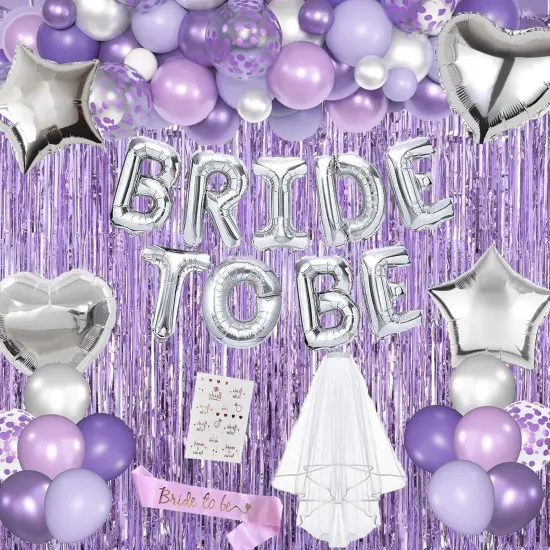 Lavender Bachelorette Party Decorations Set- Purple Bridal Shower Decorations Engagement Wedding Party Decor with Bride To Be Sash, Veil, Temporary Tattoos, Confetti Balloons Pack and Fringe Curtain {1}