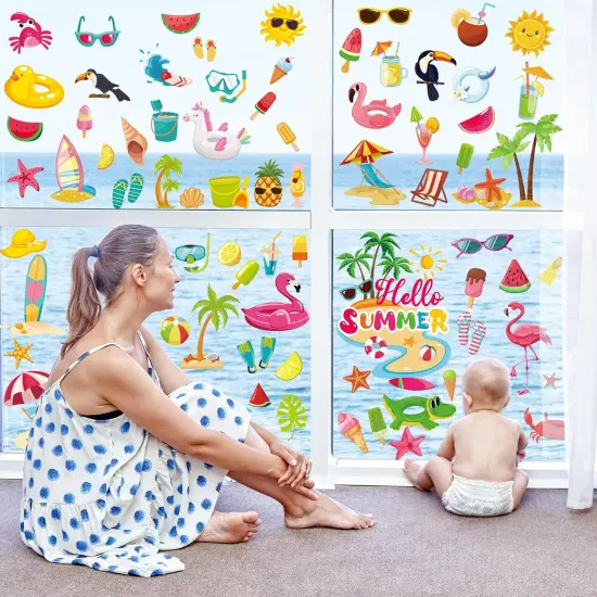 9 Sheets Summer Window Clings, Double Sided Summer Window Clings for Glass Windows, Hello Beach Decals, Sun Watermelon Pattern Stickers for Home Office Accessories Decorations {4}