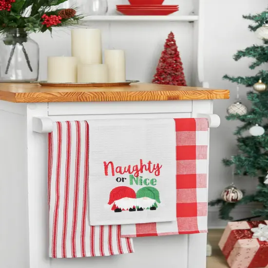 27" x 18" Christmas Holiday "Naughty Or Nice" Sentiment Featuring Gnomes Cotton Embroidered & Waffle Weave Kitchen Dish Towel {5}