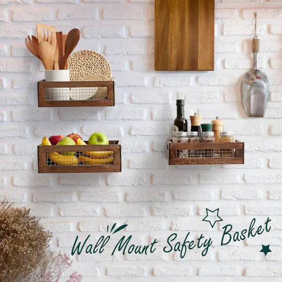 Wooden Nesting Countertop Baskets Set of 3 for Kitchen, Bathroom, Pantry|Wall Mount Upgrade with Full Accessories {4}