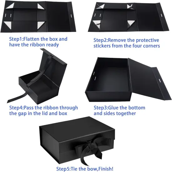Black Luxury Magnetic Gift Box with Lid, Ribbons and Gift Bag, Medium Size-9.4x7x3 Inches, Great for Wedding, Birthdays, Man {5}